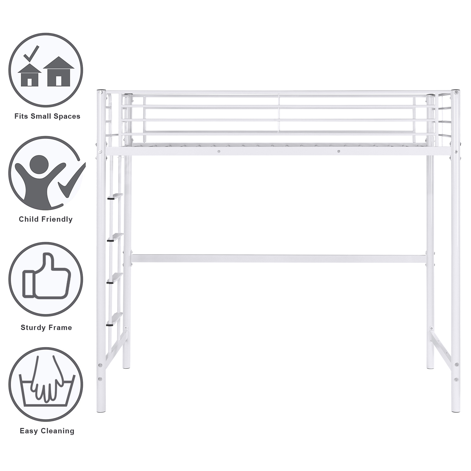  Iron Single-storey Elevated Twin Bed White with Rubber Pad Ladder