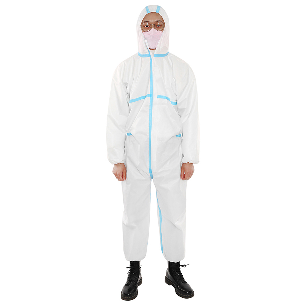 One-piece Disposable Elastic Wrist and Hood Coverall Protective Garment White & Blue M