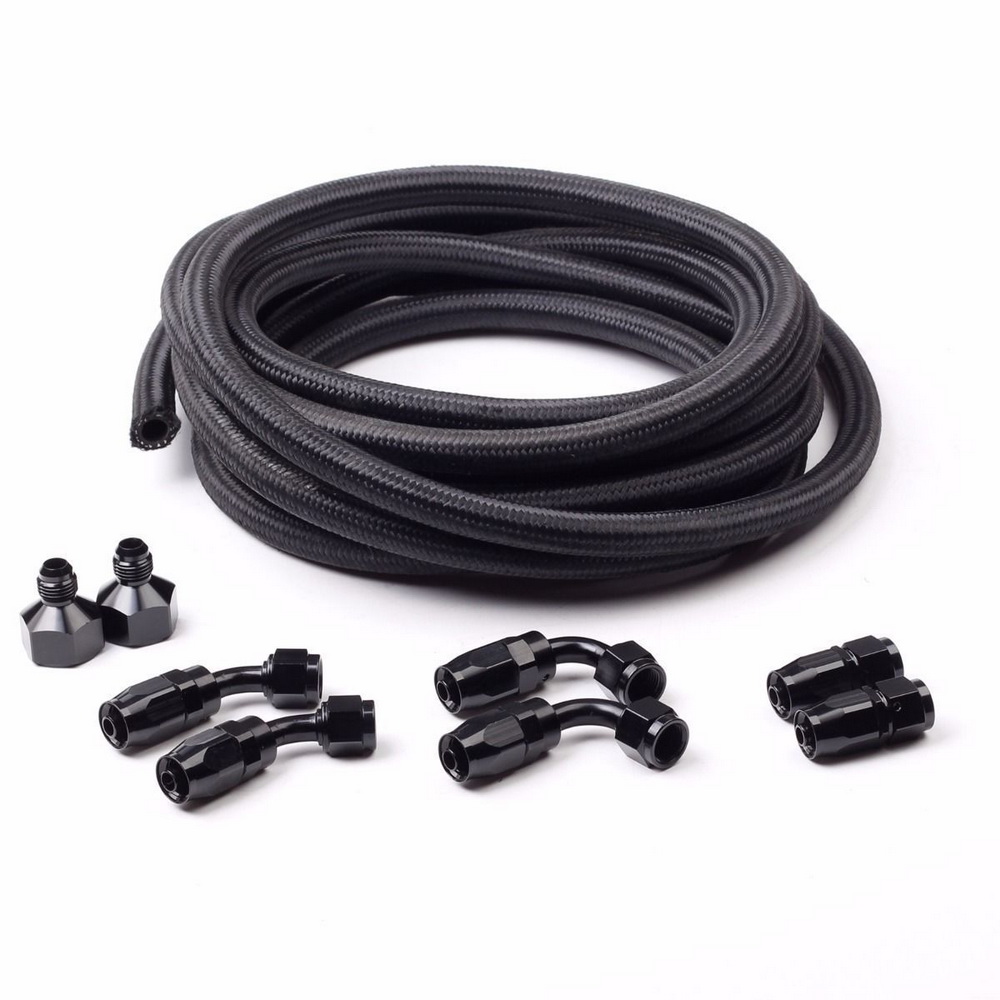 Universal 12ft AN-6 Black Nylon Braided Hose with 6pcs Black Hose Ends and 2pcs AN-6 to AN-10 Fuel T