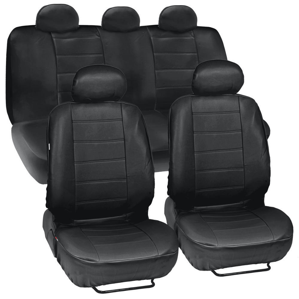 Four Seasons Universal 5-Headrest PU Leather Car Seat Cover 13-Piece Set Black 2-Row Seat