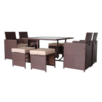 棕色木纹藤 9件套餐桌椅 卡其色沙发垫