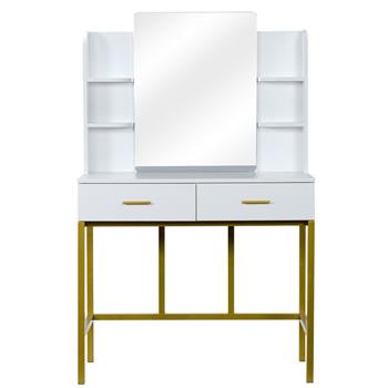桌面镜带层架2抽 含凳 钢架梳妆台-白色