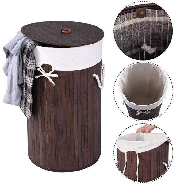 圆桶式折叠脏衣篮含盖子（竹质）-深棕色-1