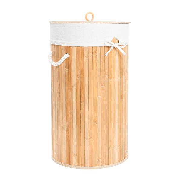 圆桶式折叠脏衣篮含盖子（竹质）-原木色-14