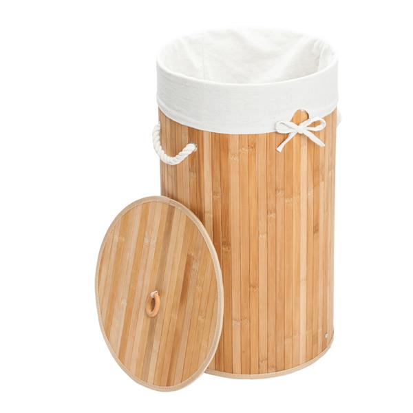 圆桶式折叠脏衣篮含盖子（竹质）-原木色-17