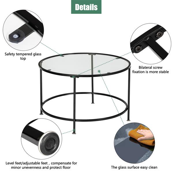 HODELY 36"黑色2层5mm厚钢化玻璃台面圆形铁艺咖啡桌（HT-JJ020）-13