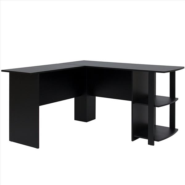 L型木质电脑办公桌【直角】，2层置物层-黑色-1
