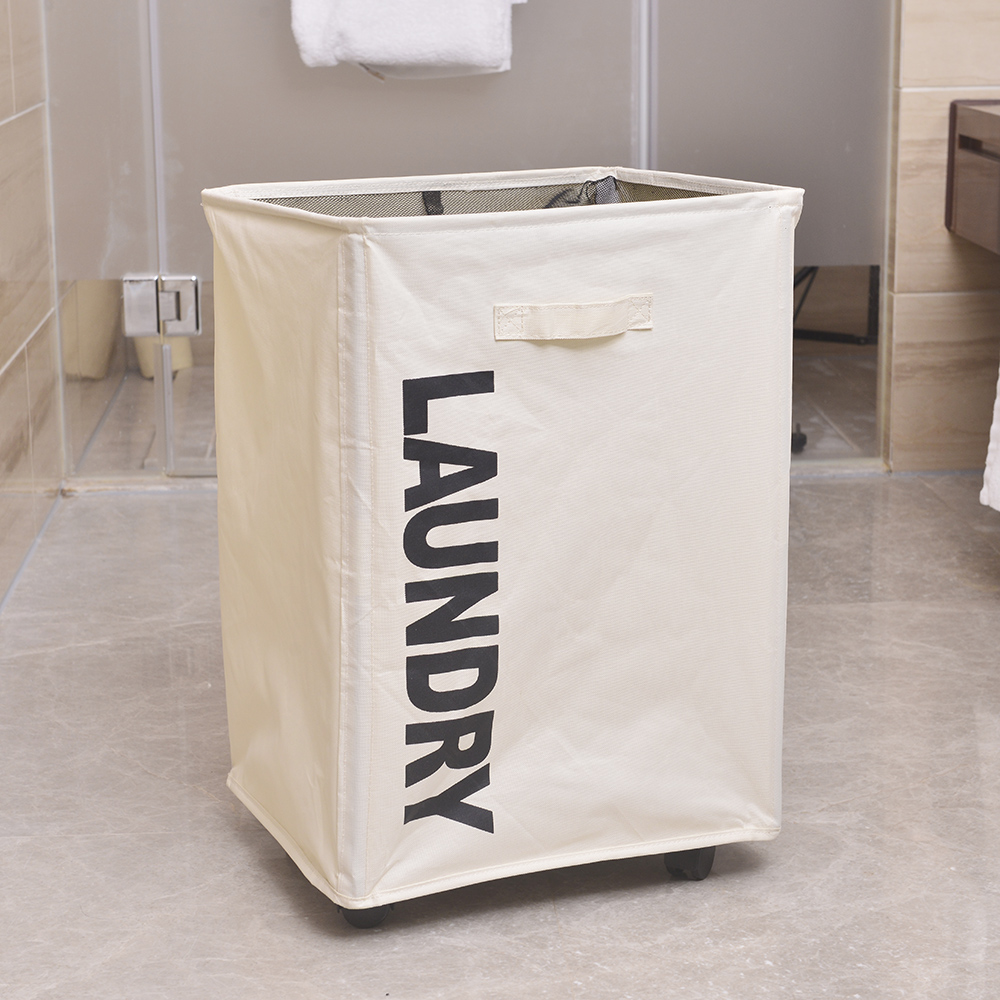Portable Single Lattice Mesh Bundle Mouth Laundry Basket with Wheel White
