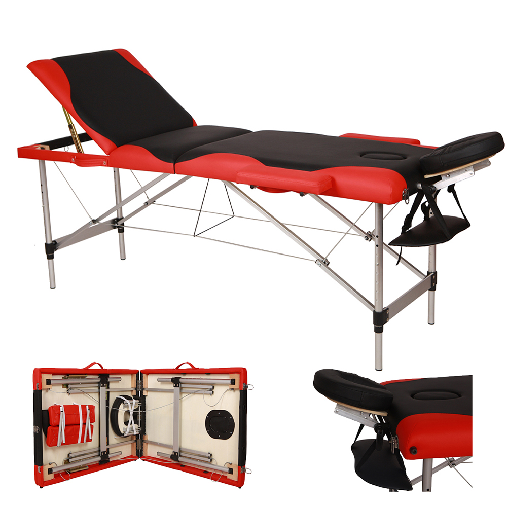 3 Sections Folding Aluminum Tube SPA Bodybuilding Massage Table Black with Red Edge