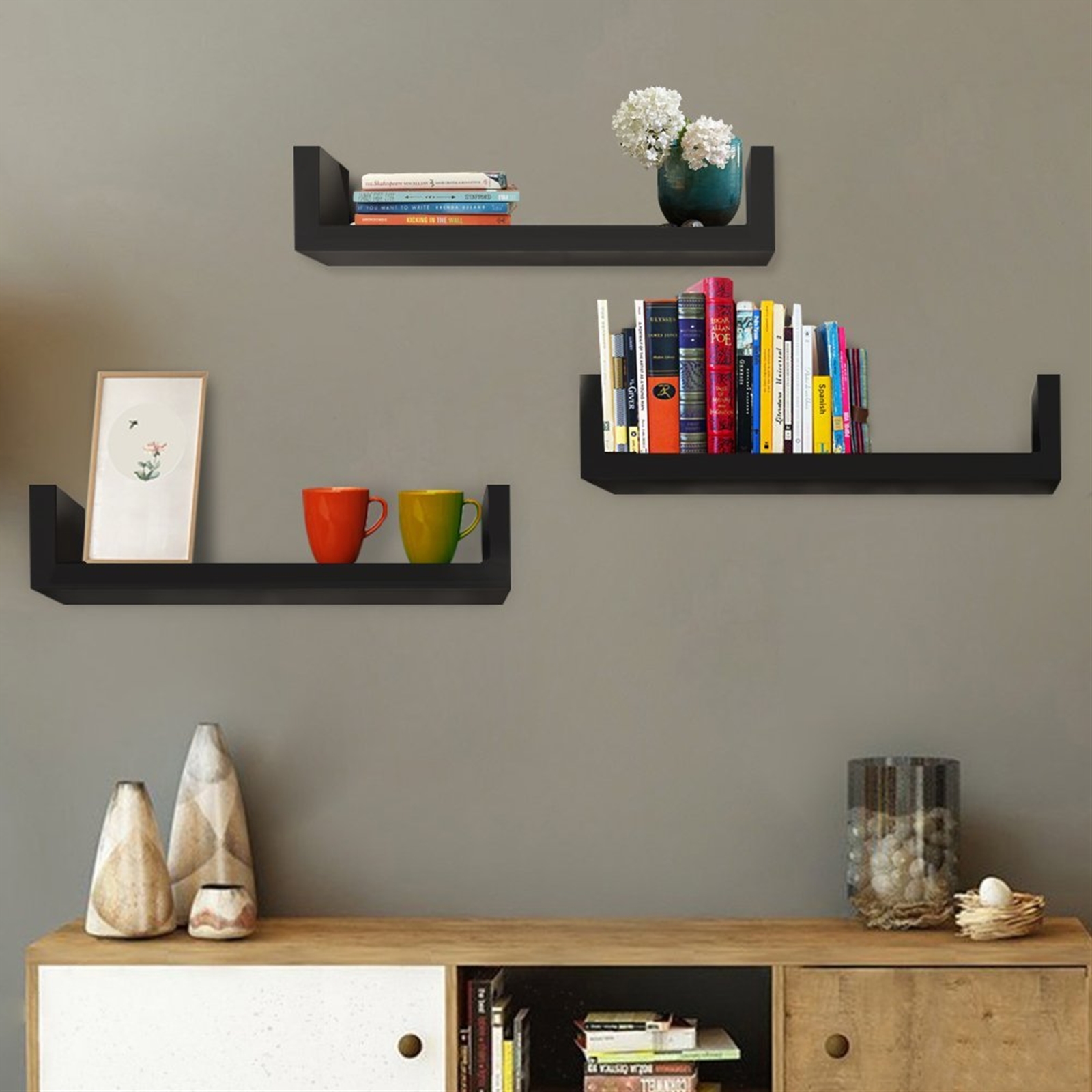 Set of 3 Floating Display Shelves Ledge Bookshelf Wall Mount Storage Home Décor Black