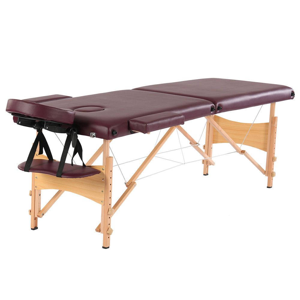 84" 2 Sections Folding Portable Beech Leg Beauty Massage Table 60CM Wide Adjustable Height Wine Red