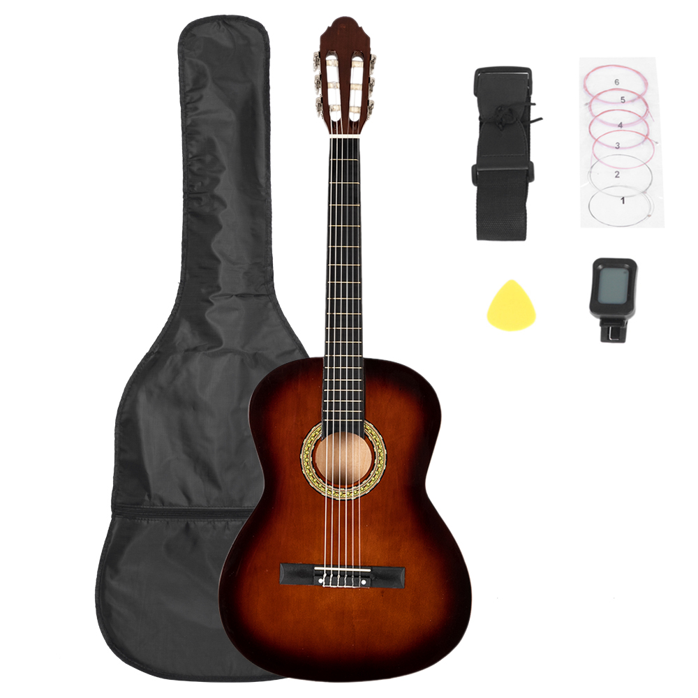 38 inch Classic Guitar with Bag & Board &Belt & Liquid Crystal Tuner & Strings Set Coffee