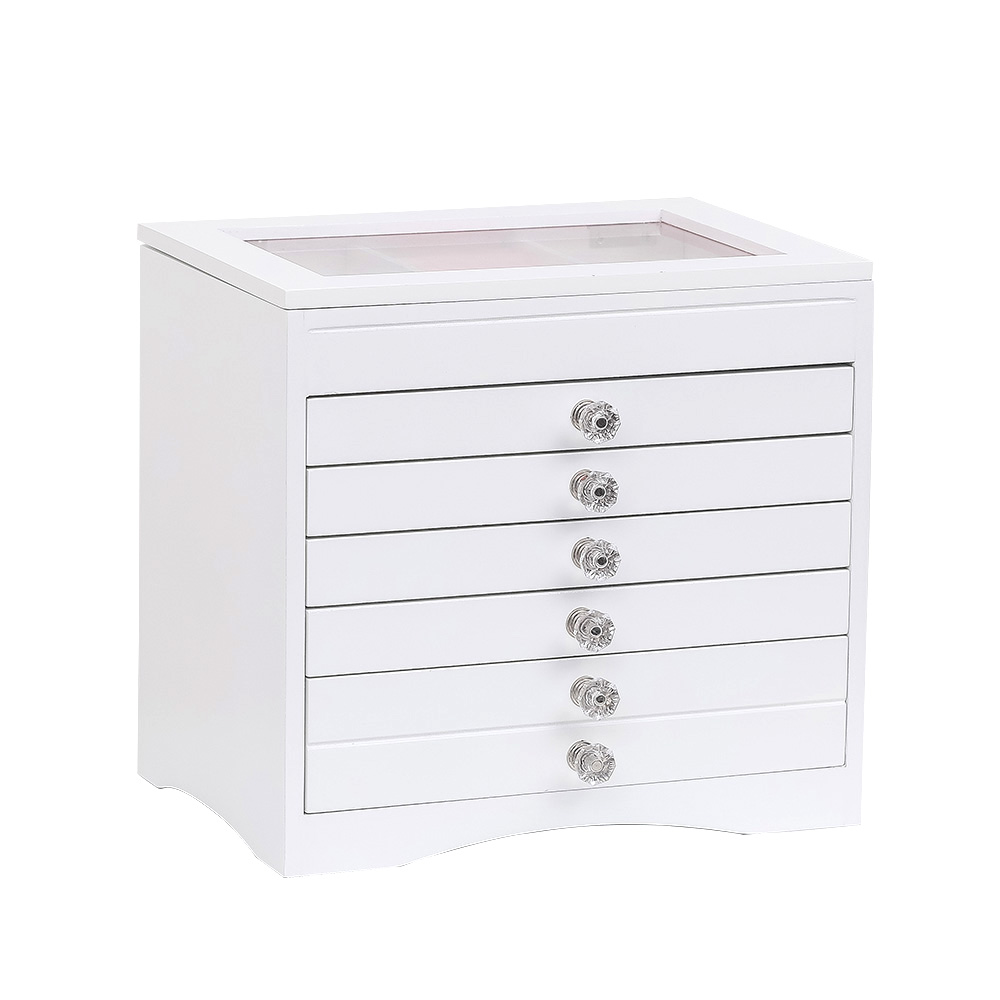 High Large Gloss Wooden Jewellery Box Armoire Bracelet Organizer Storage  5 Layers Glass White