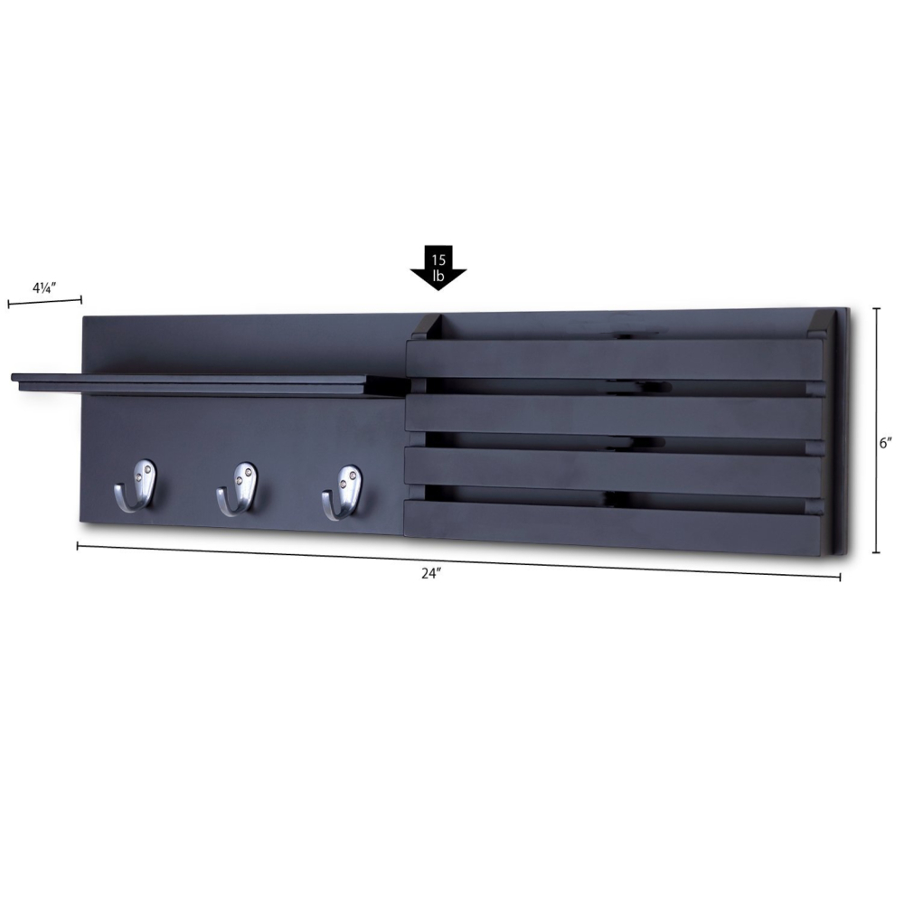 Wall Shelf and Mail Holder with 3 Hooks, 24-Inch by 6-Inch, Black