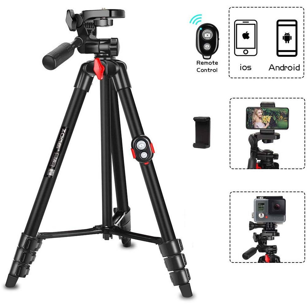 Zomei T70 Portable Tripod with Phone Clip and Bluetooth Remote Black Red