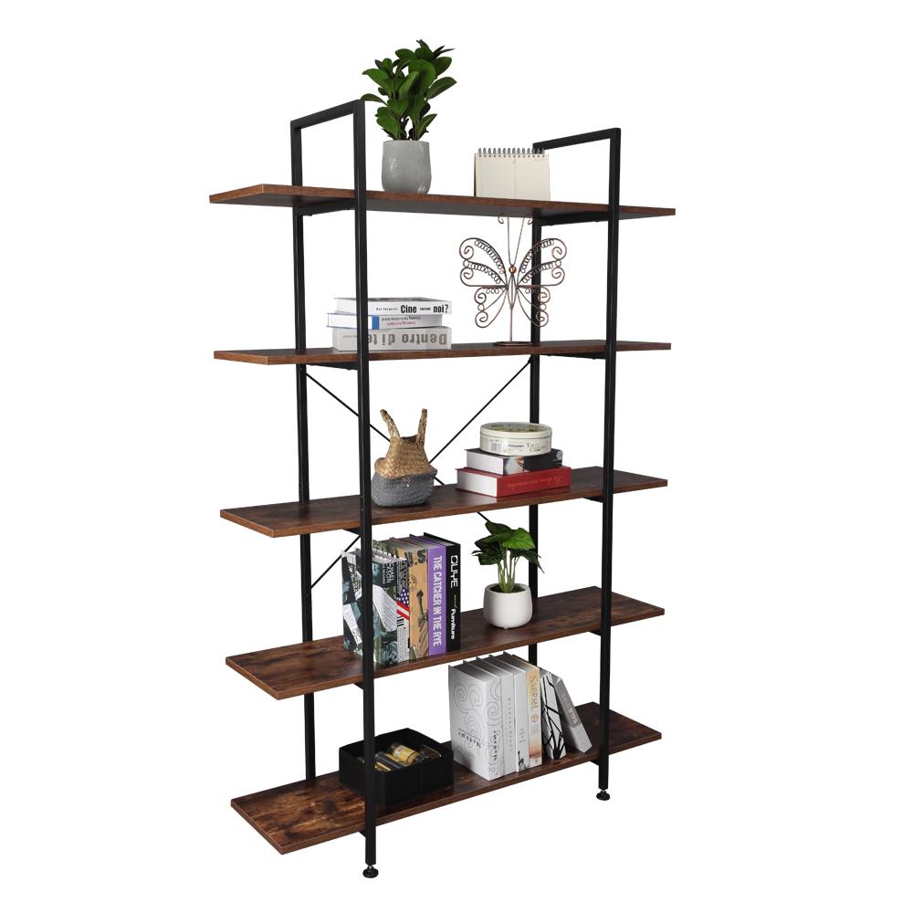 5-Tier Industrial Bookcase and Book Shelves, Vintage Wood and Metal Bookshelves, Retro Brown