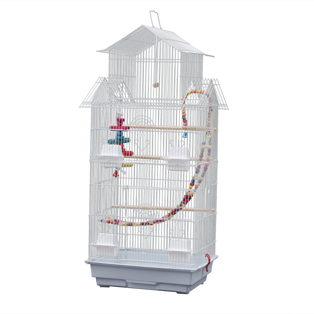 39" Bird Cage Pet Supplies Metal Cage with Open Play Top with three Additional Toys White