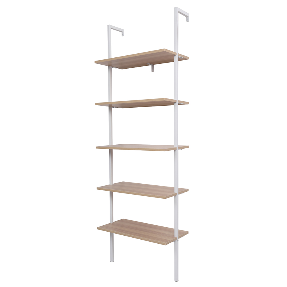 5-Shelf Wood Ladder Bookcase with Metal Frame, Industrial 5-Tier Modern Ladder Shelf Wood Shelves,Walnut