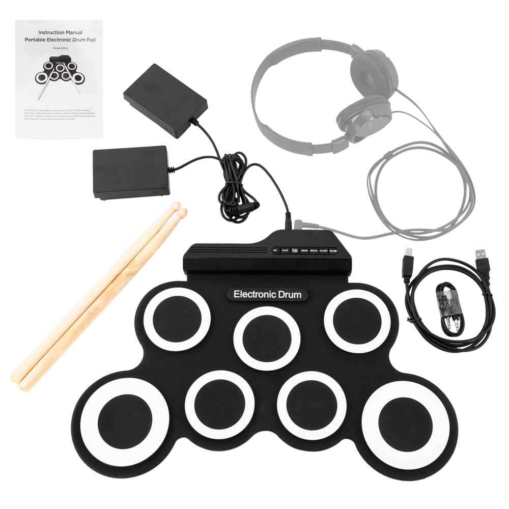 Portable Electric Drum Set 7 Full-Tone Standard Drum Pads with Drum Stick, Headphone Jack and Pedals Multiple Power Supply Methods Best Gift for Christmas Holiday Birthday