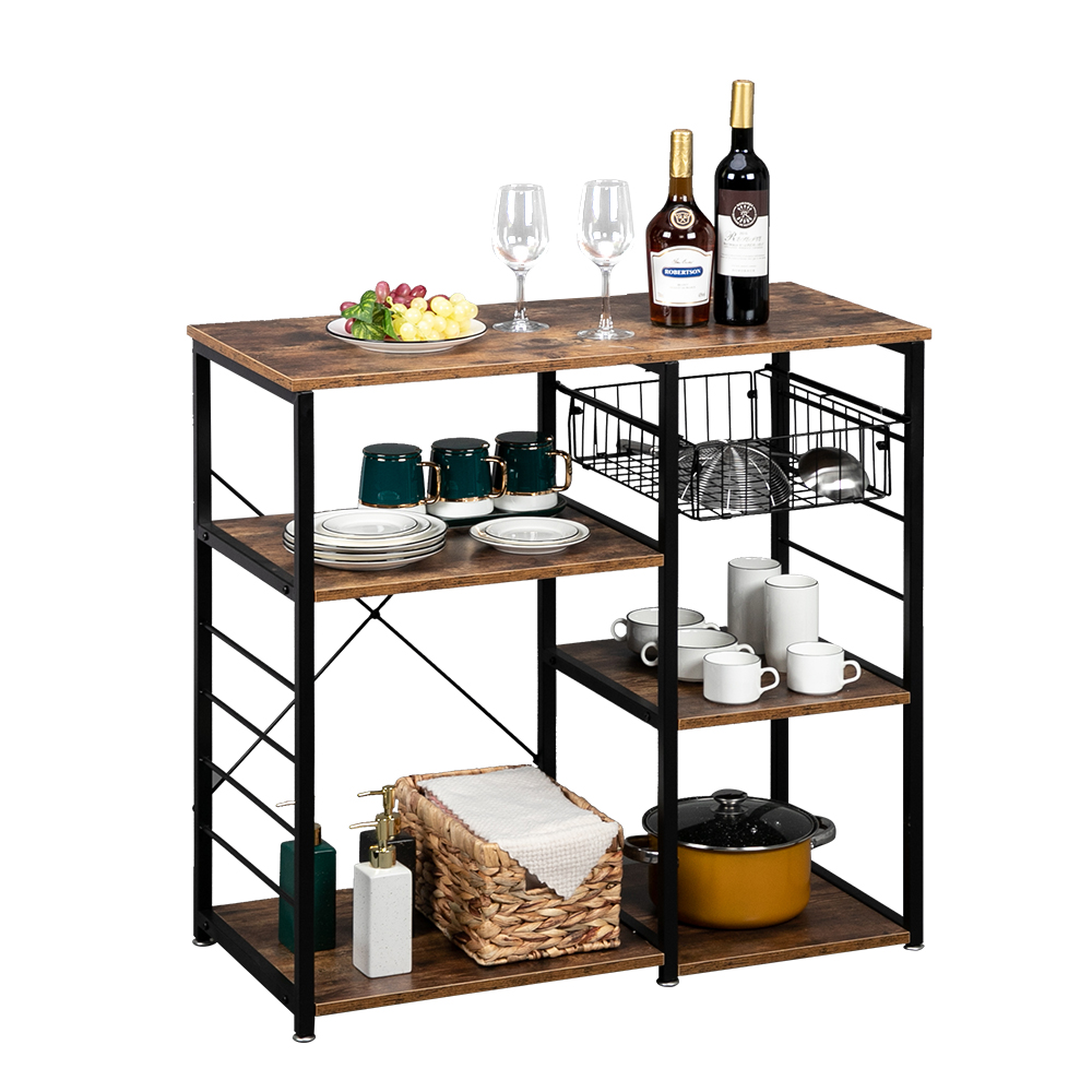 Hodely 5-Layer MDF Industrial Wrought Iron Kitchen Shelf With Drain Basket Hook