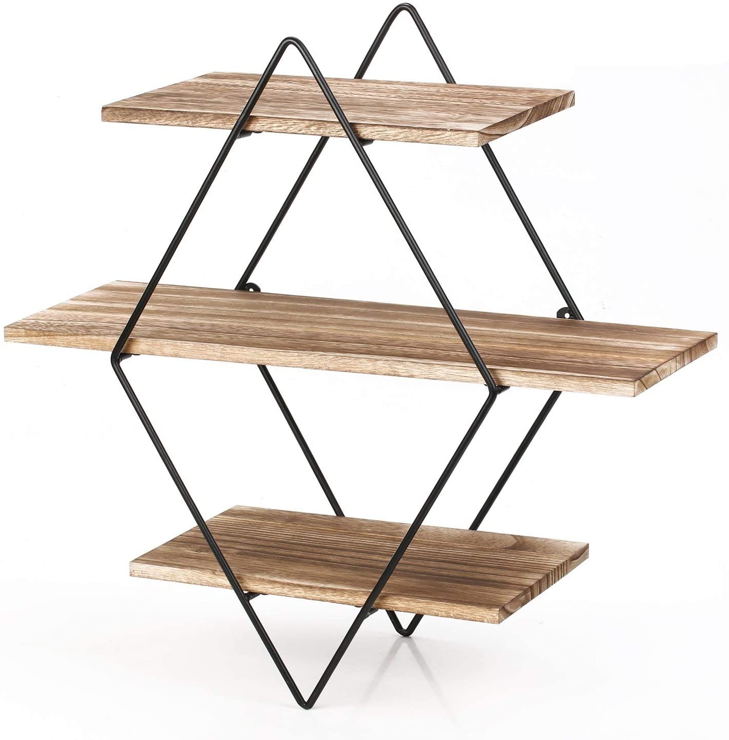 Floating Shelves, 3 Tier Geometric Diamond Wall Shelves, Wood and Metal Art, Rustic Farmhouse Decor