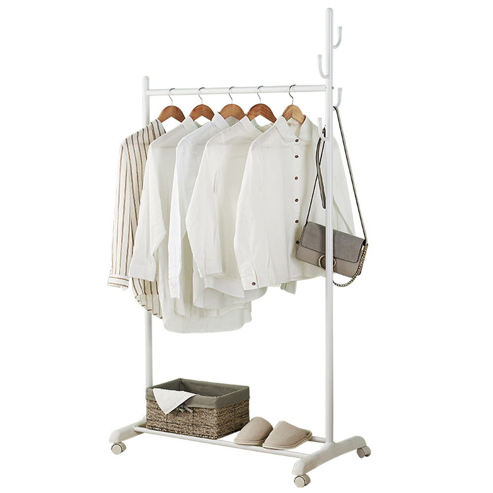 2-in-1 Coat Rack Rolling Garment Rack with Bottom Shelves-White