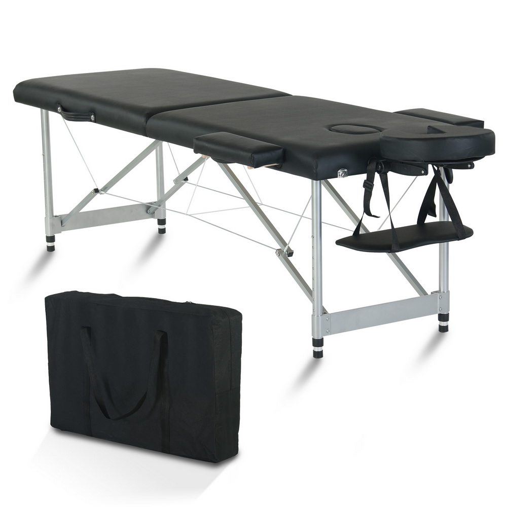 84" 2 Sections Folding Portable Aluminum Foot Beauty Massage Bed 60CM Wide Adjustable Height Black