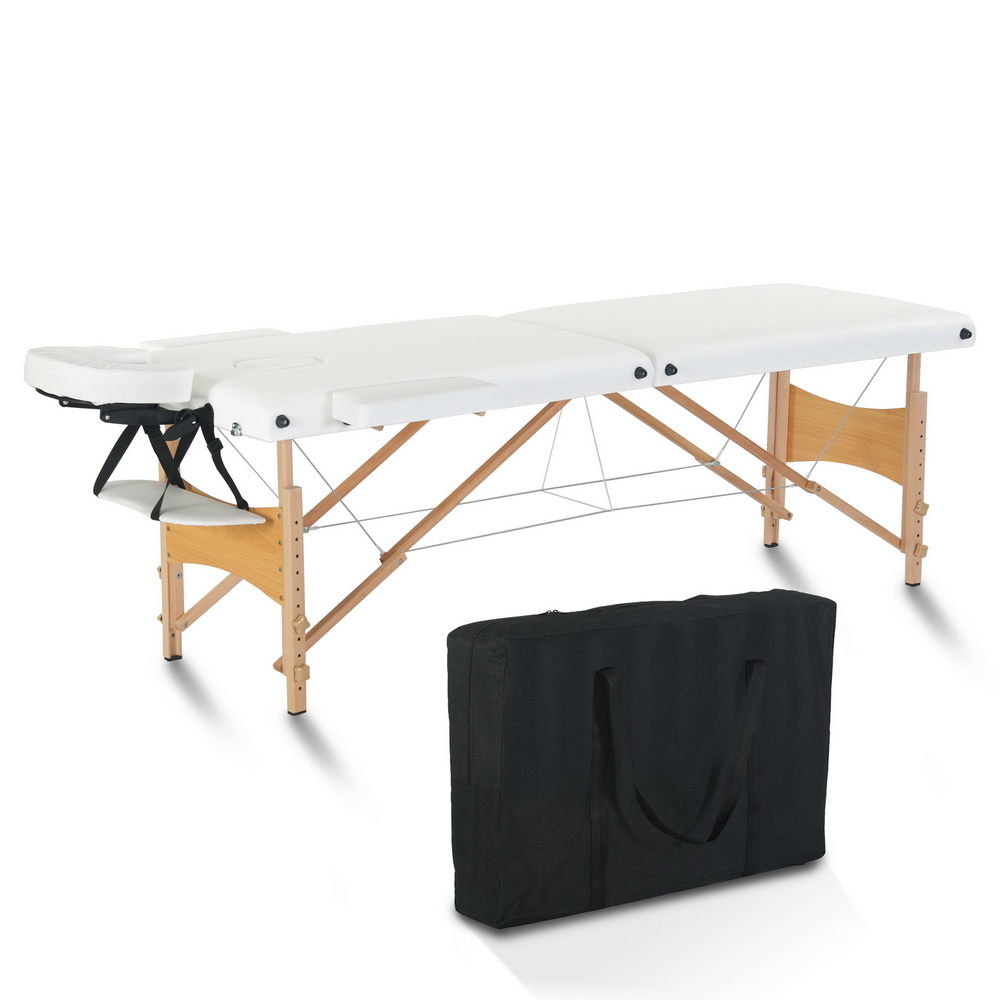 84" 2 Sections Folding Portable Beech Leg Beauty Massage Table 60CM Wide Adjustable Height White