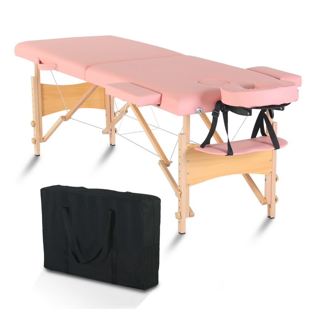 84" 2 Sections Folding Portable Beech Leg Beauty Massage Table 60CM Wide Adjustable Height Pink