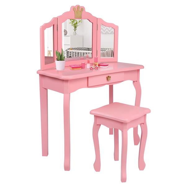 Description Picture 2 of itemChildren's Wooden Dresser Three Sides Folding Mirror Dresser Chair Single Drawer Pink Crown For Bedroom Dressing Room