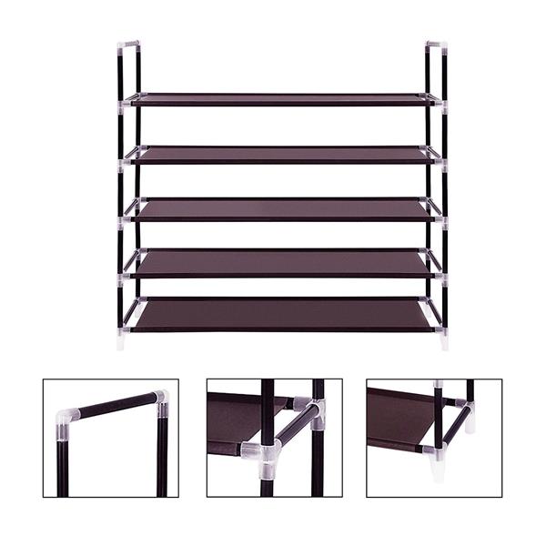 （替换编码：19422591）100cm超宽特大组合式简易鞋架<无>防尘罩 5层手提鞋架 黑管 咖啡色隔层布-4