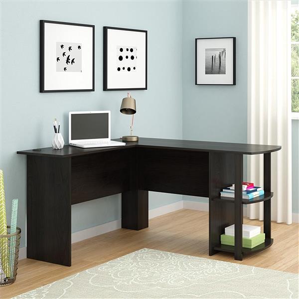 L型木质电脑办公桌，2层置物层-深棕色-6