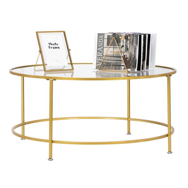 HODELY 36"金色单层5mm厚钢化玻璃台面圆形铁艺咖啡桌（HT-JJ018）-10