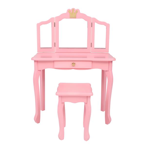 Description Picture 3 of itemChildren's Wooden Dresser Three Sides Folding Mirror Dresser Chair Single Drawer Pink Crown For Bedroom Dressing Room