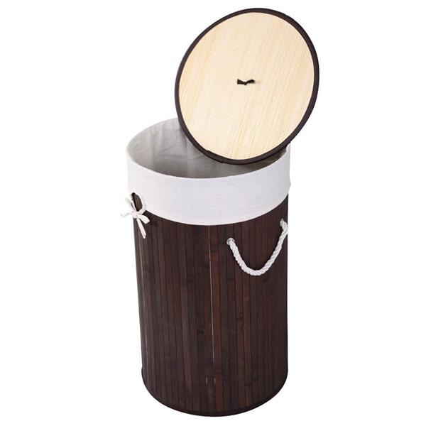 圆桶式折叠脏衣篮含盖子（竹质）-深棕色-2