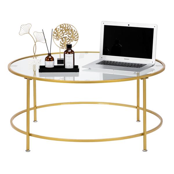 HODELY 36"金色单层5mm厚钢化玻璃台面圆形铁艺咖啡桌（HT-JJ018）-9