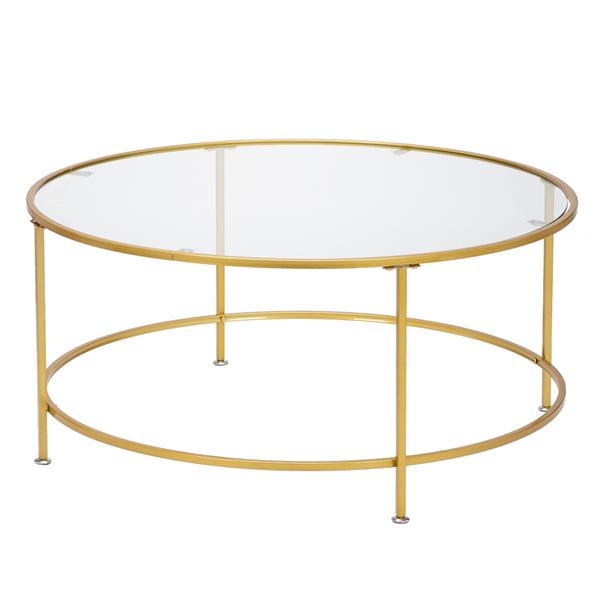 HODELY 36"金色单层5mm厚钢化玻璃台面圆形铁艺咖啡桌（HT-JJ018）-4