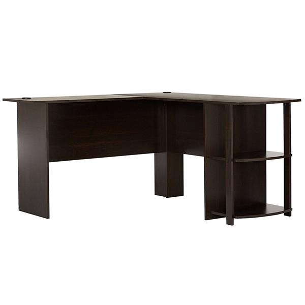 L型木质电脑办公桌，2层置物层-深棕色-1