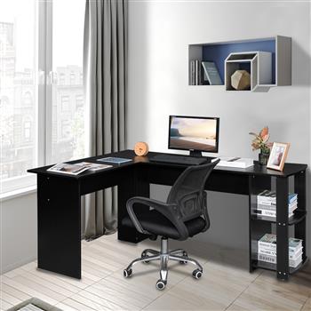 L型木质电脑办公桌带2层置物层-黑色 【DC】