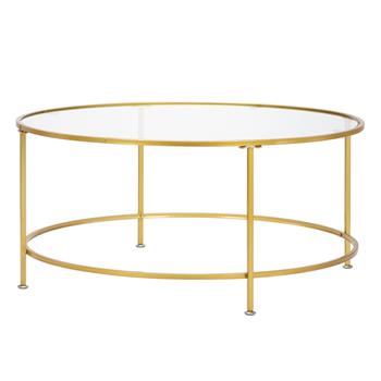 HODELY 36\\"金色单层5mm厚钢化玻璃台面圆形铁艺咖啡桌（HT-JJ018）