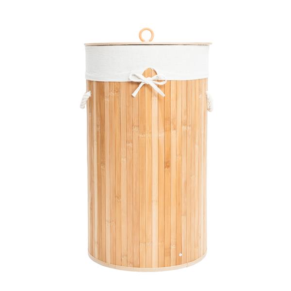 圆桶式折叠脏衣篮含盖子（竹质）-原木色-13