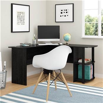 L型木质电脑办公桌【直角】，2层置物层-黑色