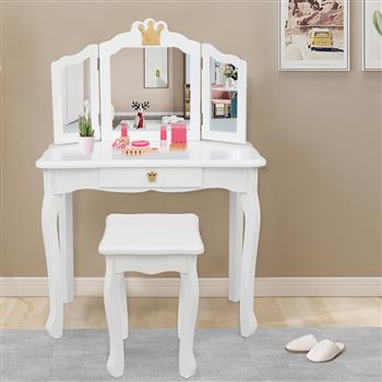 【TS】儿童木质梳妆台：三面可折叠镜子梳妆台+椅子 单个抽屉 白色皇冠款W08H127B