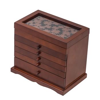 5抽屉6层木质首饰盒-棕色花纹+黑色绒布