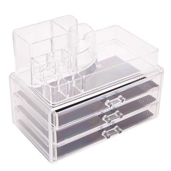 透明塑料三抽屉式化妆盒弧形2件套-1303
