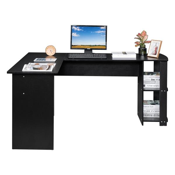 L型木质电脑办公桌带2层置物层-黑色 【DC】-2