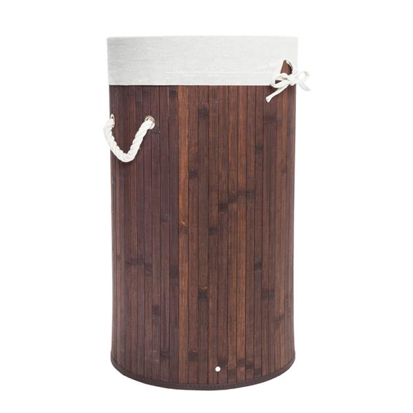 圆桶式折叠脏衣篮含盖子（竹质）-深棕色-12