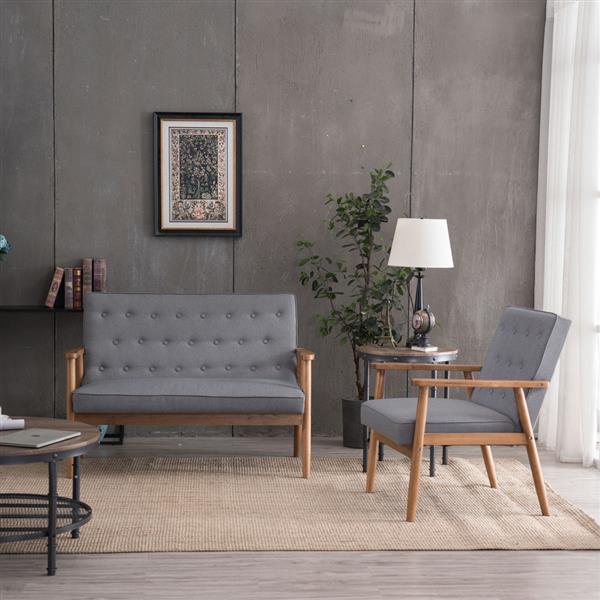 A款复古的现代木质 双人沙发椅 休闲椅 浅灰色布料 【126 x 75 x 83.5cm】-35