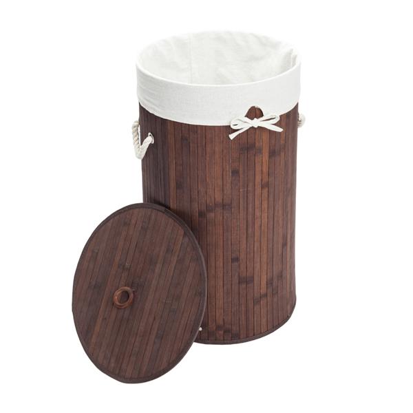 圆桶式折叠脏衣篮含盖子（竹质）-深棕色-18