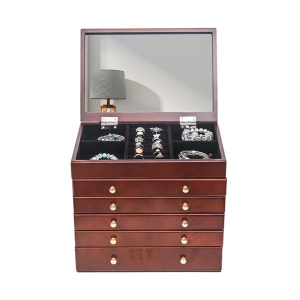 5抽屉6层木质首饰珠宝盒带双开门-色精棕色柜体黑色绒布-6